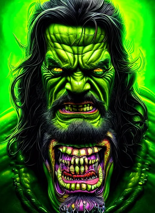 Prompt: portrait of lemmy killmister as the hulk, hyperdetailed illustration by irakli nadar and alexandre ferra, volumetric lighting, celtic fantasy art, psychedelic, intricate, hyper detailed, smooth, vibrant aura, intricate linework, white porcelain skin, faberge, coral