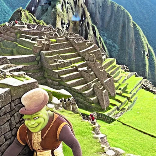 Image similar to Shrek in macchu picchu, highly detailed