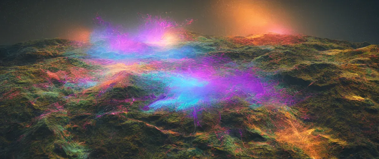 Image similar to landscape, houdini software simulation, glitch art, particle flow, volumetric object, physical particles, cinematic lighting, by ash thorpe