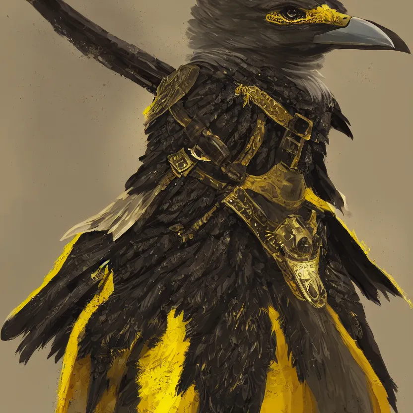 Prompt: Black Aarakocra Eagle Warlord, Yellow Beak, epic armor,wielding longsword, epic character portrait, dnd commission,epic rpg artwork,4K, 8K, very detailed, trending on artstation