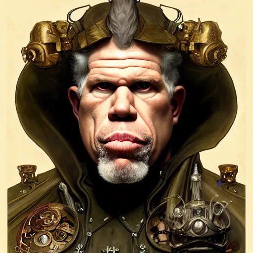 Image similar to full portrait of ron perlman as colonel wednesday bologna, fantasy, d & d, intricate, detailed, by by alphonse mucha, adolfo hohenstein, alice russell glenny, stanley artgerm lau, greg rutkowski, detailed, trending on artstation, trending on artstation, smooth