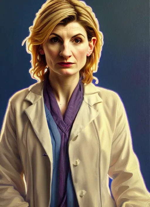 Prompt: oil painting of jodie whittaker as doctor who, intricate, elegant, highly detailed, lighting, painting, artstation, smooth, illustration, art by greg rutowski and alphonse mucha