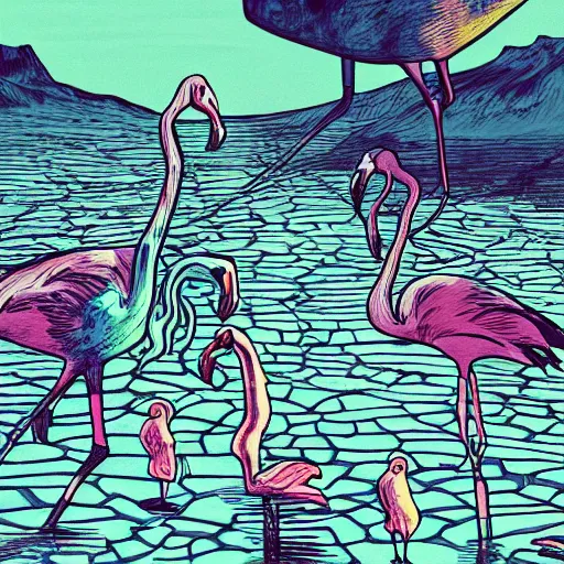 Prompt: A surreal comic noir illustration containing Penelope Cruz and Flamingos in a desert beach oasis by Salvador Dali, dark vibes, high contrast, pastel lighting, cinematic, depth of field, 8k