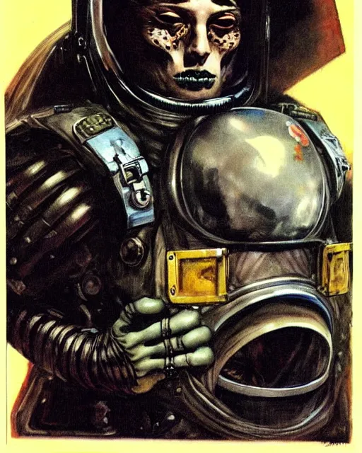 Image similar to portrait of a goth astronaut wearing armor by simon bisley, john blance, frank frazetta, fantasy, barbarian