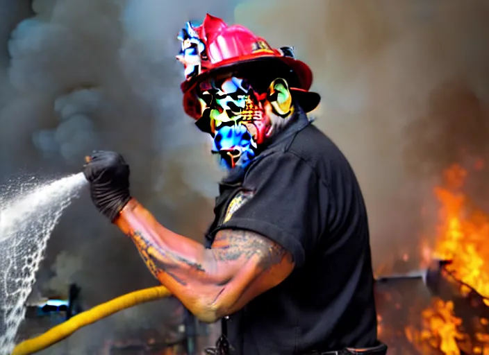 Image similar to photo of danny trejo as a firefighter putting out a big fire, 8 k, 8 5 mm f 5. 6