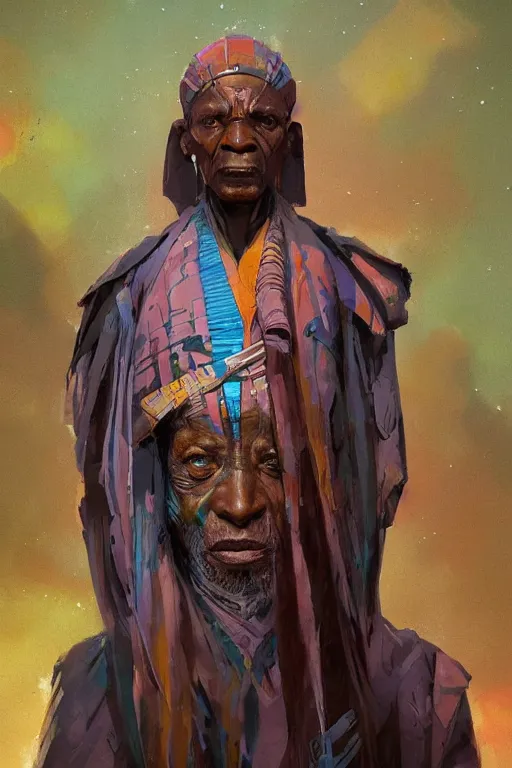 Prompt: a full body sci-fi portrait, oil painting, illustration of an old African Jedi, colourful, by Justin Sweet and Greg Rutkowski and Alphones Much