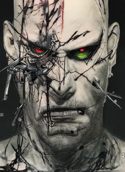 Image similar to a bald man with nails inserted into his two eyes, tattos around eyes, wide evil grin, painting, by greg ruthowski, yoshikata amano, yoji shinkawa, alphonse murac, collaborative artwork, beautifully drawn, heavily detailed