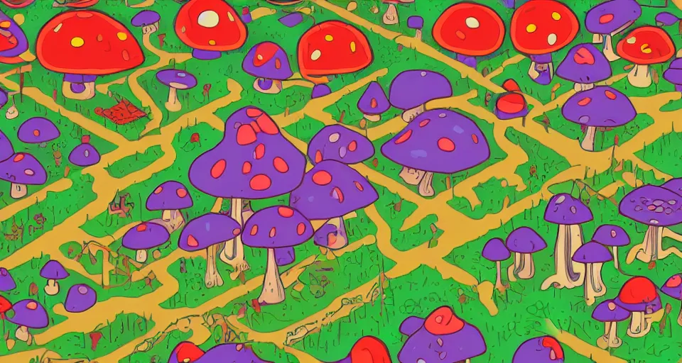 Prompt: A tribal village in a forest of giant mushrooms, by Kurzgesagt,