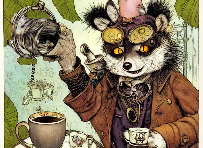 Image similar to an steampunk lemur having a cup of tea, muted colors, by rebecca guay, michael kaluta, charles vess and jean moebius giraud