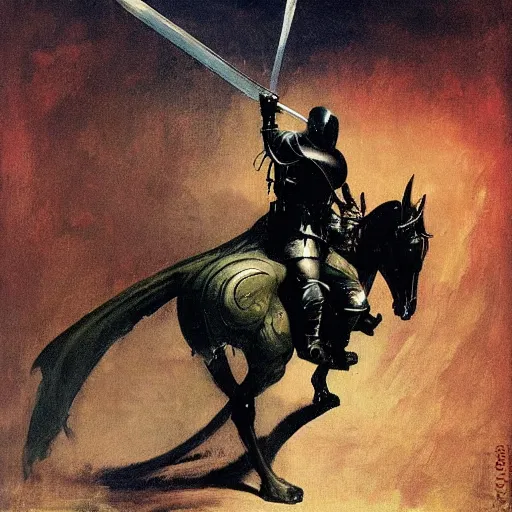 Image similar to a knight raising his sword painted by frank frazetta