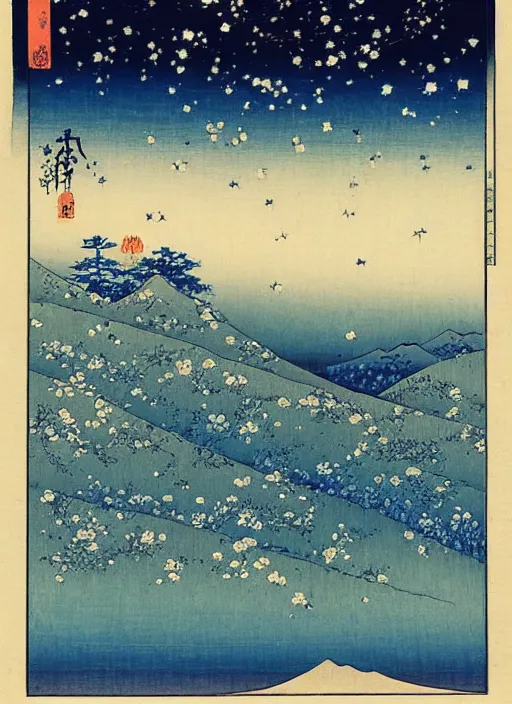 Image similar to blue roses on a mountain melting into the sky with stars of utagawa hiroshige