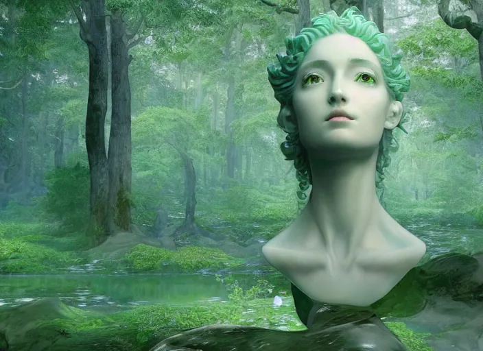 Image similar to an idealistic marble statue with fractal flowery hair and fair porcelain face and green eyes, in a magical forest, painted by, mc escher, gordon onslow ford, georgia o'keeffe and ivan aivazovsky, cinematic light, god rays, colourful, unreal engine, zbrush central,