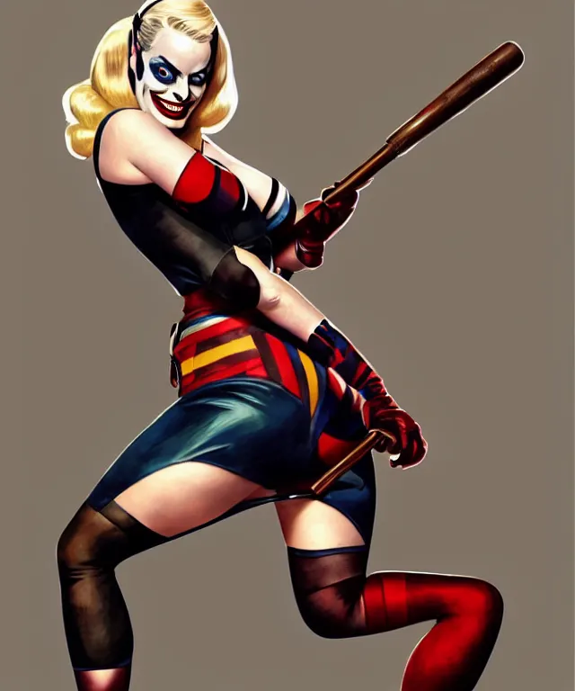 Image similar to 1940's pin-up Margot Robbie as Harley Quinn, fully dressed, with baseball bat, highly detailed, digital painting, artstation, concept art, smooth, sharp focus, illustration, art by artgerm and greg rutkowski and alphonse mucha