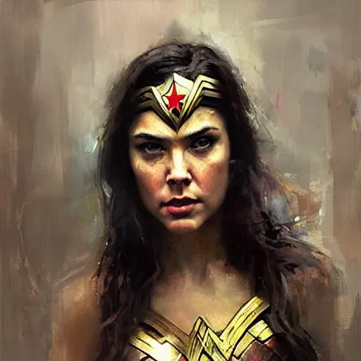 Image similar to face protrait of wonder woman, realistic, ultrahd, jeremy mann painting