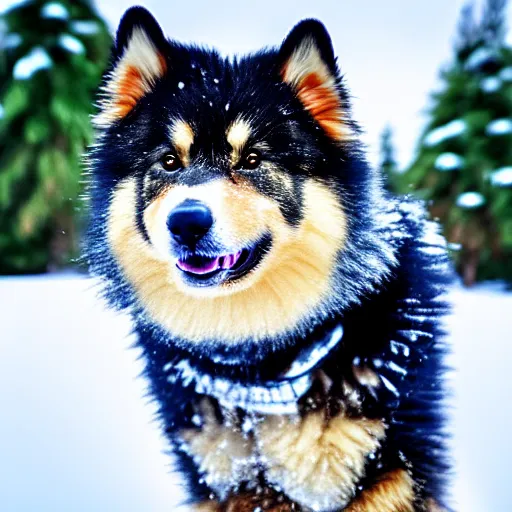 Image similar to happy finnish lapphund dog, black brown and white fur, snow, trees, in the style of a pixar character, 4 k, animation, funny, movie