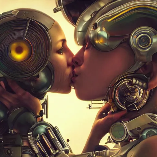 Image similar to ultra realistic medium shot of a couple of cyborgs kissing, lovers, cyberpunk, sci - fi, fantasy, kodak, colour led, soft light, volumetric lighting, night, intricate, highly detailed, digital painting, concept art, smooth, sharp focus, illustration, art by artgerm and greg rutkowski and alphonse mucha