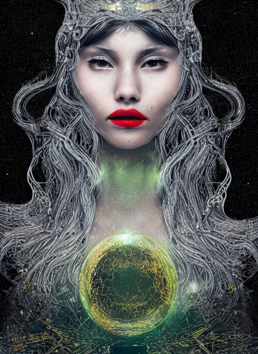 Image similar to glowing silver and golden elements, full close-up portrait, vector dark witch from unsplash, book cover, green forest, white moon, red lips, establishing shot, extremly high detail, photo-realistic, cinematic lighting, pen and ink, intricate line drawings, by Yoshitaka Amano, Ruan Jia, Kentaro Miura, Artgerm, post processed, concept art, artstation, matte painting, style by eddie mendoza, raphael lacoste, alex ross