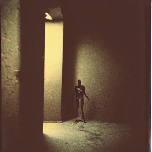 Image similar to a humanoid creature at the bottom of a dark stairwell, dark!, creepy, unsettling, uncanny valley!!!, old polaroid, expired film,