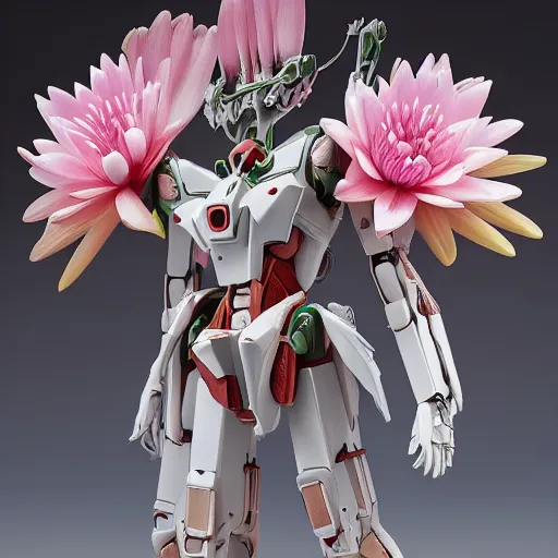 Prompt: futuristic nymphaea mecha waterlily upper body flower claws, sepals forming helmet, floral details, nymphaea, 8 k hd resolution, barbatos gundam with floral inlay, bandai box art, star wars, makoto kobayashi, frank gehry, raymond swanland