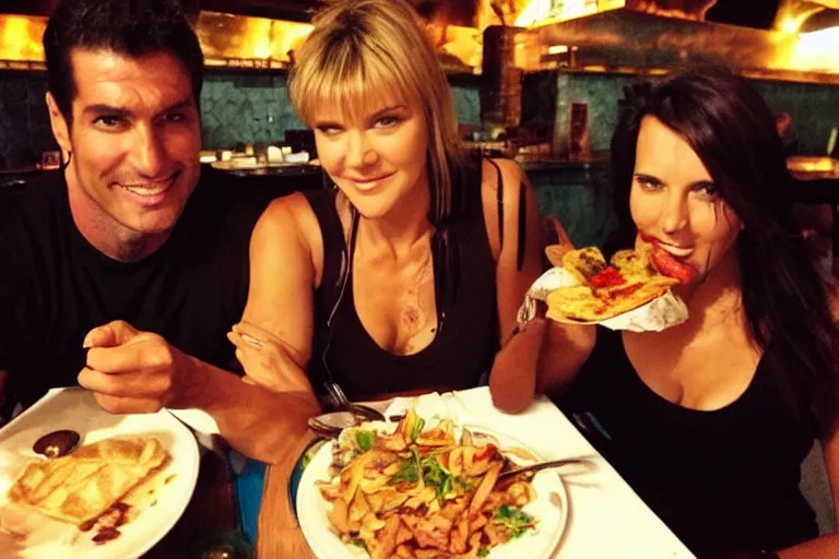 Image similar to xena warrior princess eating at a restaurant with a handsome cuban man