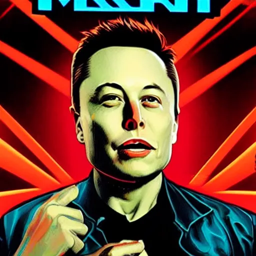 Image similar to movie poster of elon musk as a villain who looks at the planet mars with a macabre smile, his face is illuminated with a red light, drew struzan style