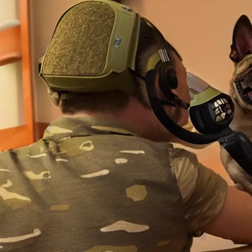 Image similar to a cute dog playing valorant, the dog is wearing a headset, dog is facing the monitor, we can see a man holding a gun in valorant on the screen