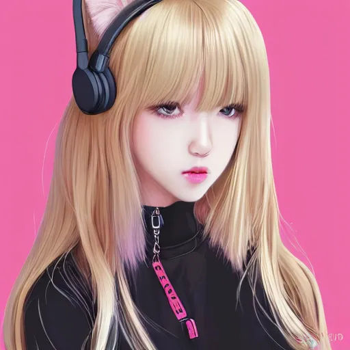 Image similar to realistic beautiful gorgeous natural cute Blackpink Lalisa Manoban blonde hair cute fur blonde cat ears, wearing summer outfit, wearing headphones, wearing black leather choker artwork drawn full HD 4K highest quality in artstyle by professional artists WLOP, Taejune Kim, Guweiz on Artstation Pixiv