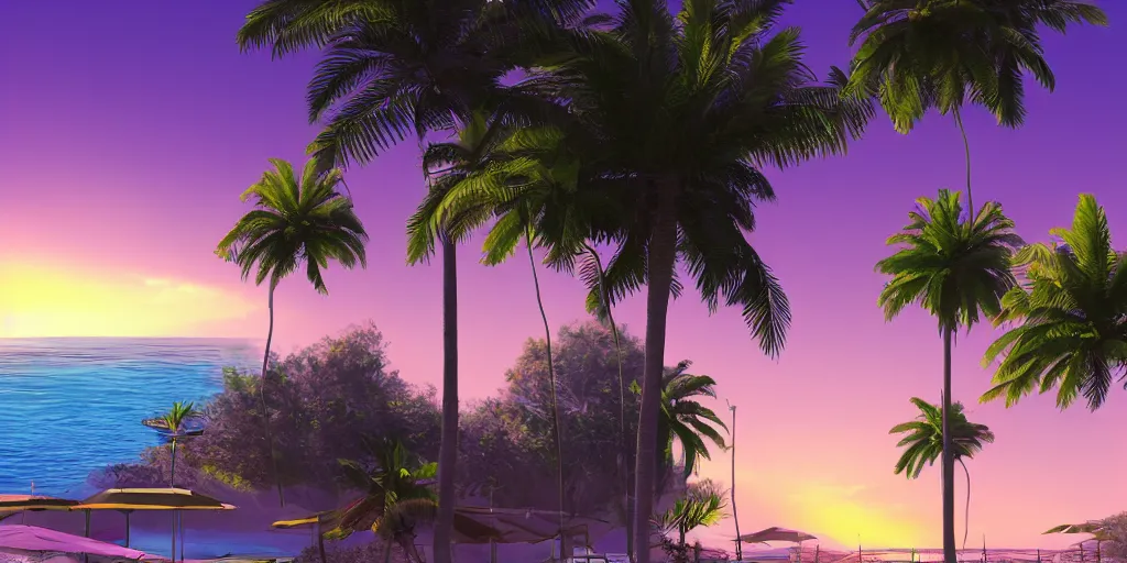 Prompt: purple sunset. palm trees. beach. realistic. digital concept art. fluffy. poolside. hyper realistic