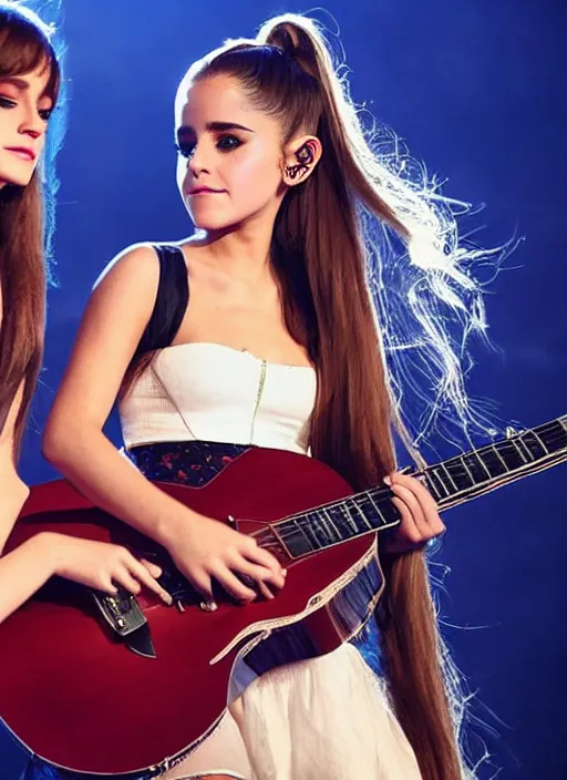 Image similar to beautiful, award winning photo of ariana grande on guitar and emma watson on drums in a 1 9 7 0 s rock and roll band. live at the woodstock concert, symmetrical eyes, 8 k, studio lighting t