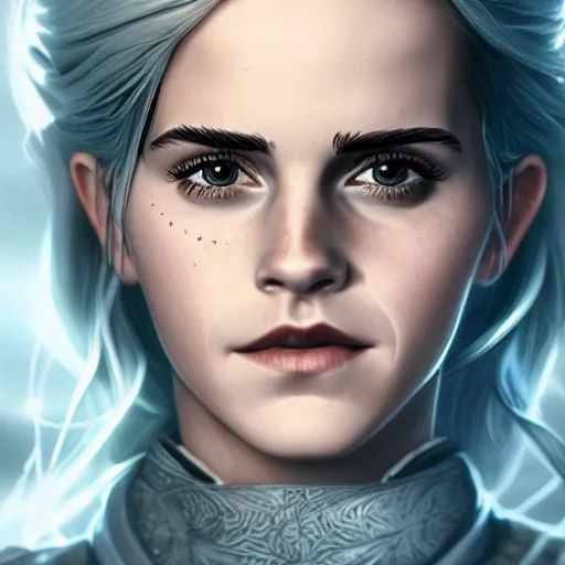 Prompt: a detailed matte portrait of emma watson dressed at ciri from the witcher, scar over green eye, long white hair, art by dan mumford and yusuke murata and makoto shinkai and ross tran, cosmic, heavenly, god rays, intricate detail, cinematic, 8 k, cel shaded, unreal engine, featured on artstation, pixiv