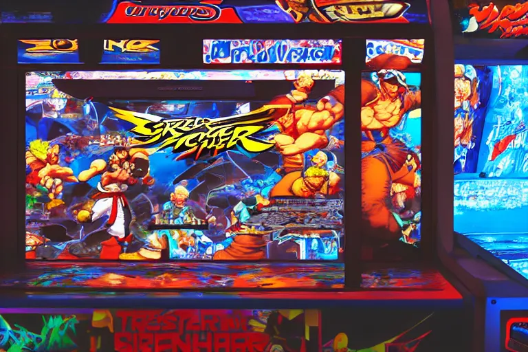 Prompt: photo of an arcade machine, street fighter Ryu is punching out of the screen, glass shards, sparks, high resolution, hd, 4k