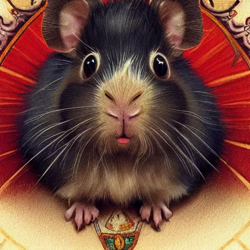 Image similar to A heraldic prince Guinea Pig with big cute eyes sitting up for a portrait photo, D&D, fantasy, intricate, cinematic lighting, highly detailed, digital painting, artstation, concept art, smooth, sharp focus, illustration, art by Akihiko Yoshida, Greg Rutkowski and Alphonse Mucha