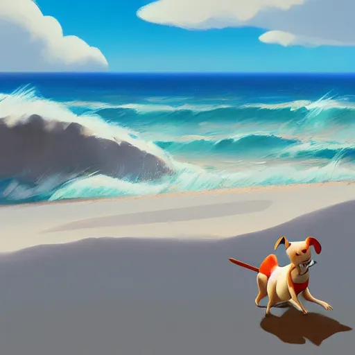 Image similar to goro fujita ilustration a dog playing on a beach with waves, painting by goro fujita, sharp focus, highly detailed, artstation