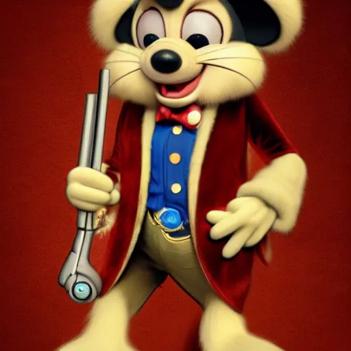 Image similar to 3d anthropomorphic rat, disney pixar, holding tommy gun, velvet, fur coat, high quality, golden necklace, fendi, high fashion