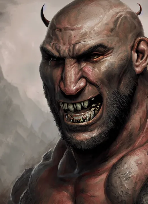 Prompt: A fantasy comic book style portrait painting of Dave Bautista as a grim orc warrior, unreal 5, DAZ, hyperrealistic, octane render, RPG portrait, dynamic lighting