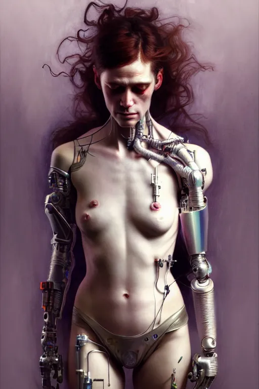 Image similar to cyborg drug addict, full body, diffuse lighting, fantasy, intricate, elegant, highly detailed, lifelike, photorealistic, digital painting, artstation, illustration, concept art, smooth, sharp focus, art by John Collier and Albert Aublet and Krenz Cushart and Artem Demura and Alphonse Mucha