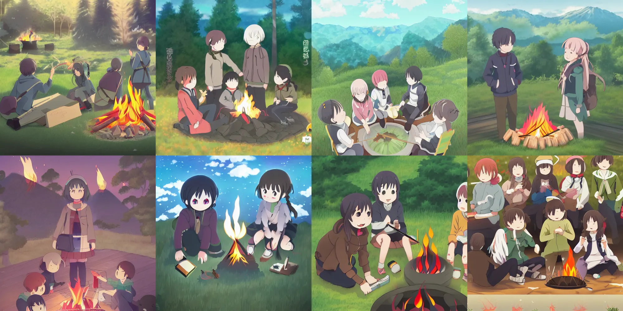 Prompt: yama no susume anime campfire trending on artstation illustration digital