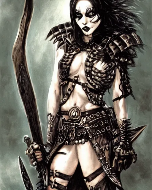 Image similar to portrait of a skinny punk goth warrior wearing armor by frank fazetta, fantasy, barbarian, hardcore