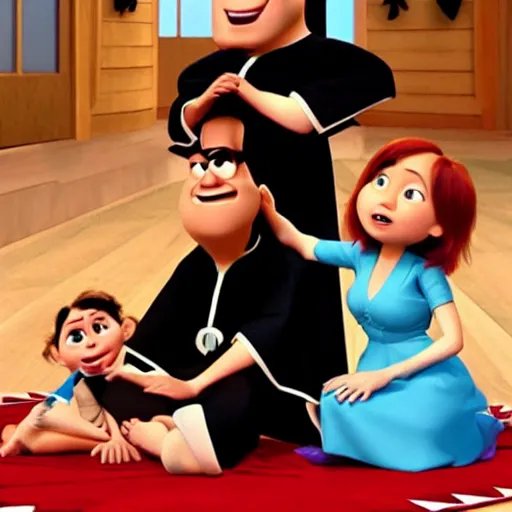 Prompt: pixar movie, a happy family in black cult robes sitting around a red pentagram on the floor performing an evil occult ritual to summon the antichrist