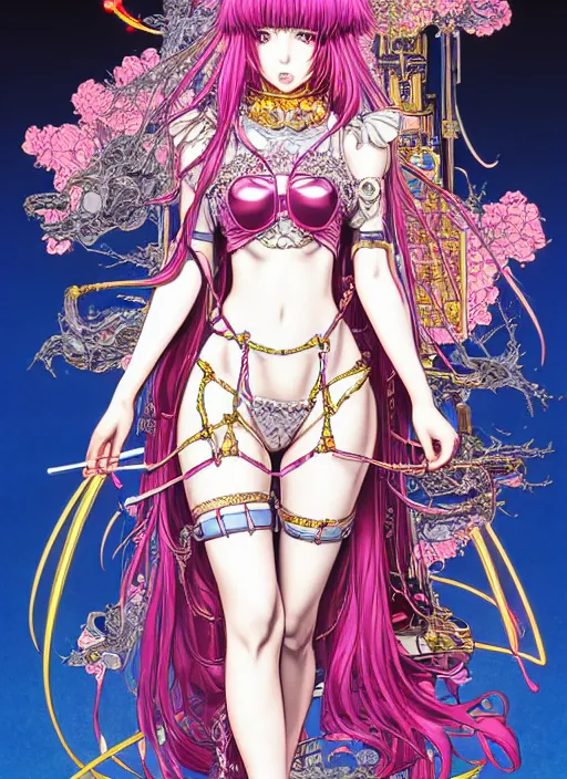 Image similar to highly detailed artstation katsuhiro otomo fluorescent fantastic fate manga poster of princess mechine, minaba hideo,, long hair, armor, laces, ruffles, 8 k, maximalist, art nouveau,