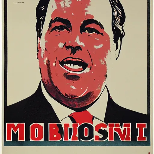 Image similar to chris christie. soviet propoaganda poster. soviet realism. monochromatic red. cheap printing, fading ink, torn edges