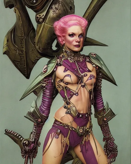 Prompt: portrait of a beautiful savage slaanesh creature female warhammer 4 0 k, wearing futuristic armor, by norman rockwell