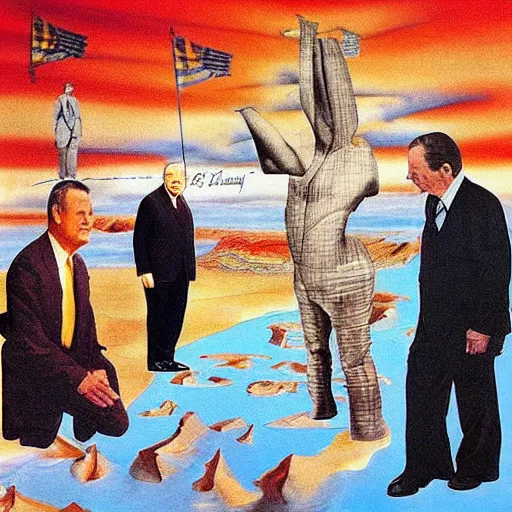 Image similar to “Past United States presidents Ragen, Nixon and Bush are traversing a bizzare landscape; Artist, Salvador Dali, Surrealism”