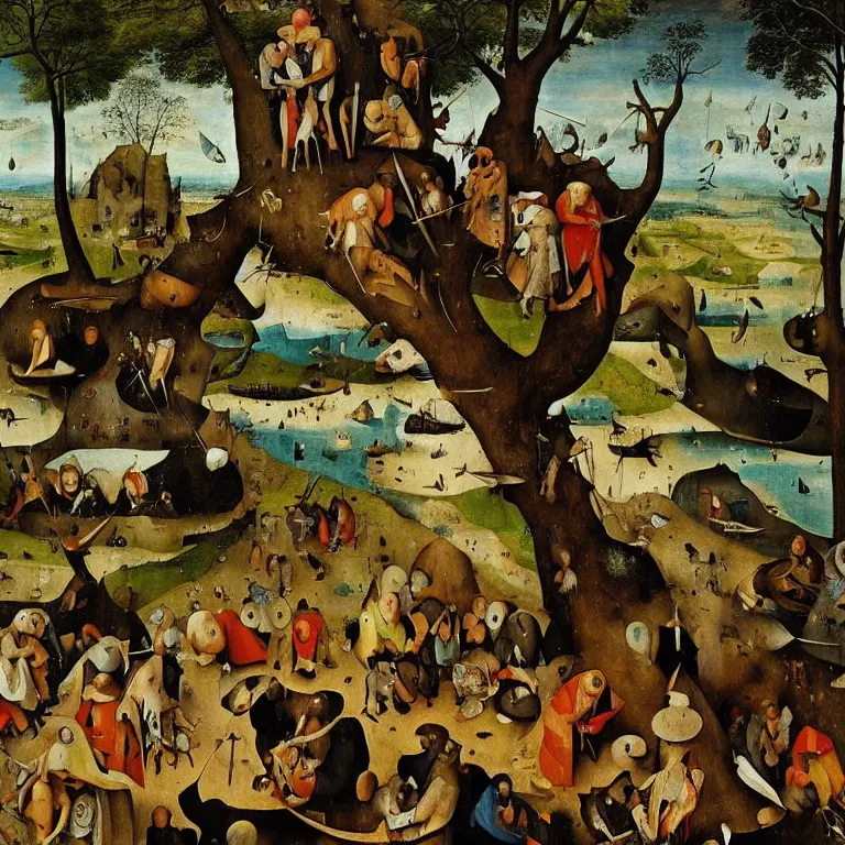 Image similar to The portrait of half-fish flipper hanged in the tree of true art by Hieronymus Bosch and Pieter Bruegel inspired by Terry Pratchett, super detailed oil painting, hyper realistic faces, 4k, masterpiece