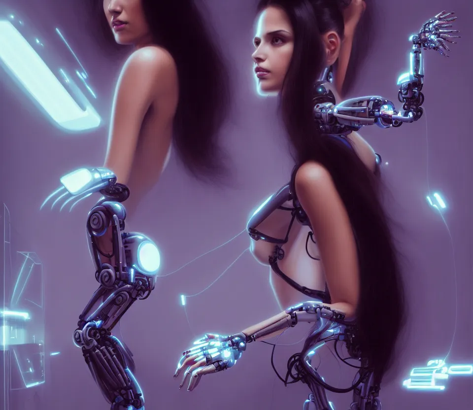 Image similar to beauty young spanish woman with long black hair with futuristic robotic arms, interacting withholograms of alien artifacts, electrical case display, Total Recall tech, ultrarealistic, dramatic lighting, electrical details, high details, 4k, 8k, best, accurate, trending on artstation, artstation, photorealism, ultrarealistic, digital painting, style of Peter Mohrbacher, Caravaggio, Hajime Sorayama and Boris Vallejo