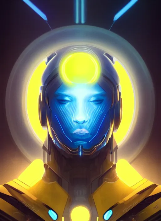 Image similar to symmetry!! portrait of a man, sci - fi, tech wear, blue and yellow glowing lights!! intricate, elegant, highly detailed, digital painting, artstation, concept art, smooth, sharp focus, illustration, art by artgerm and greg rutkowski and alphonse mucha