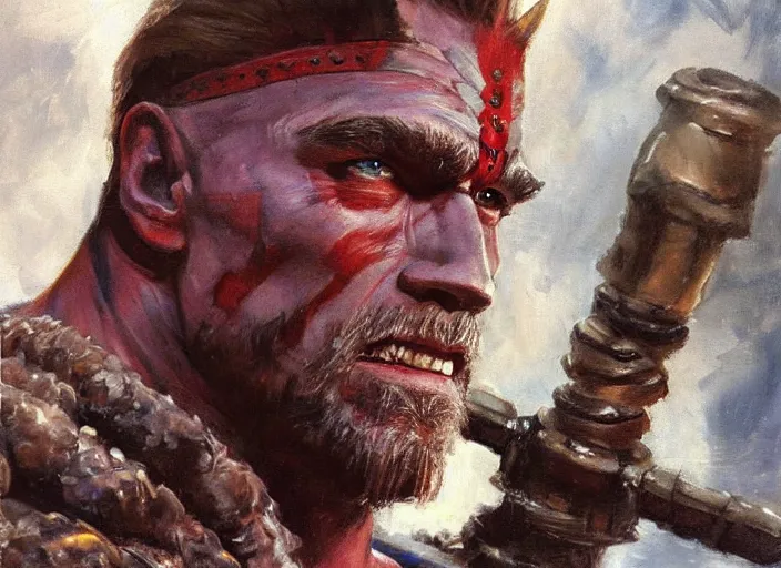 Image similar to a highly detailed beautiful portrait of arnold schwarzenegger as kratos, by gregory manchess, james gurney, james jean