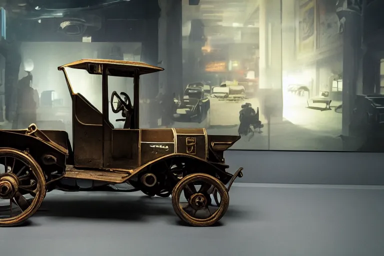 Image similar to cyberpunk 1 9 0 8 model ford t, volumetric lighting, in a museum, museum exhibit, museum lighting, 9 0 s film photo