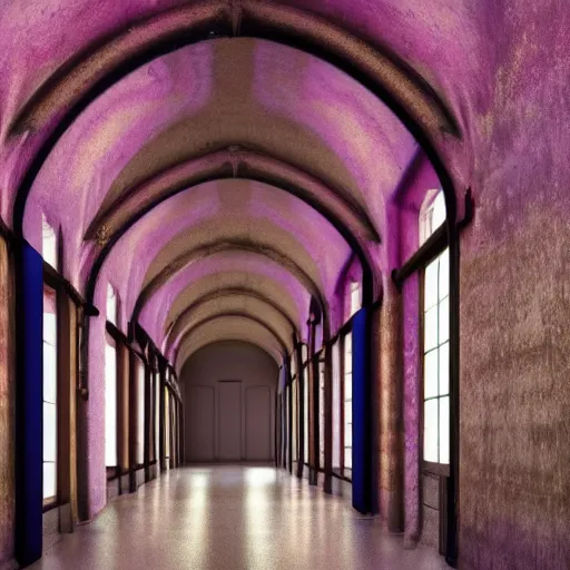 Image similar to a long colorful asylum hallway at night, arched ceiling, one point perspective, vanishing point, symmetrical composition, rich colors, dramatic lighting, by lee madgwick, photorealistic, v - ray render 8 k uhd