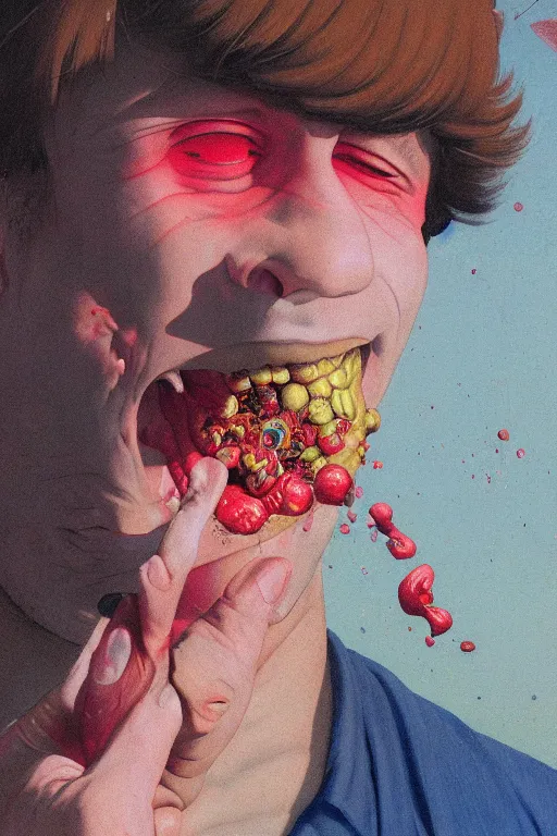 Image similar to a closeup portrait of a young italian man licking a blotter paper of LSD acid on his tongue and dreaming psychedelic hallucinations, by kawase hasui, moebius, Edward Hopper and James Gilleard, Zdzislaw Beksinski, Steven Outram colorful flat surreal design, hd, 8k, artstation